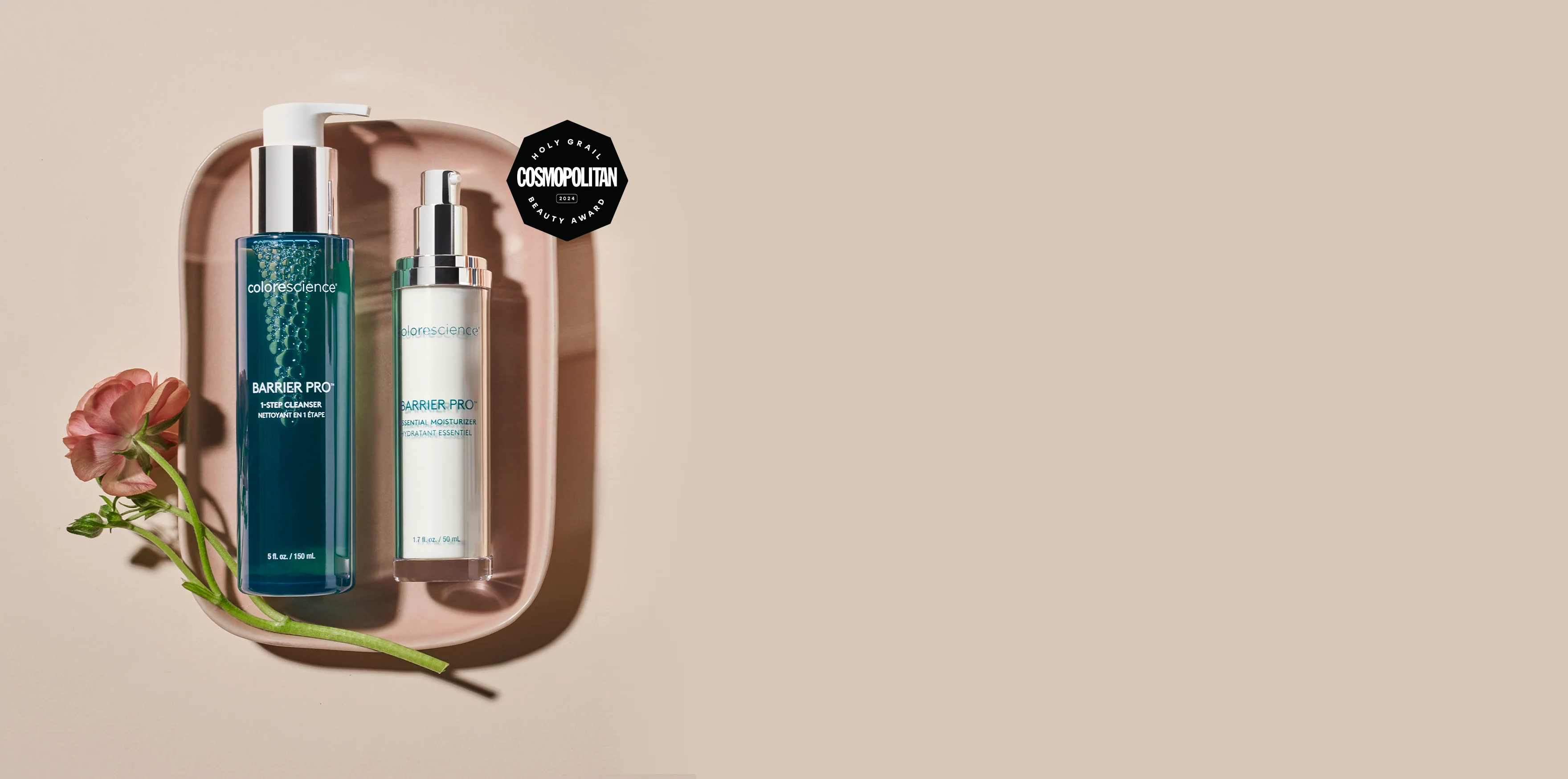 Two skincare bottles on a decorative tray with a beige background