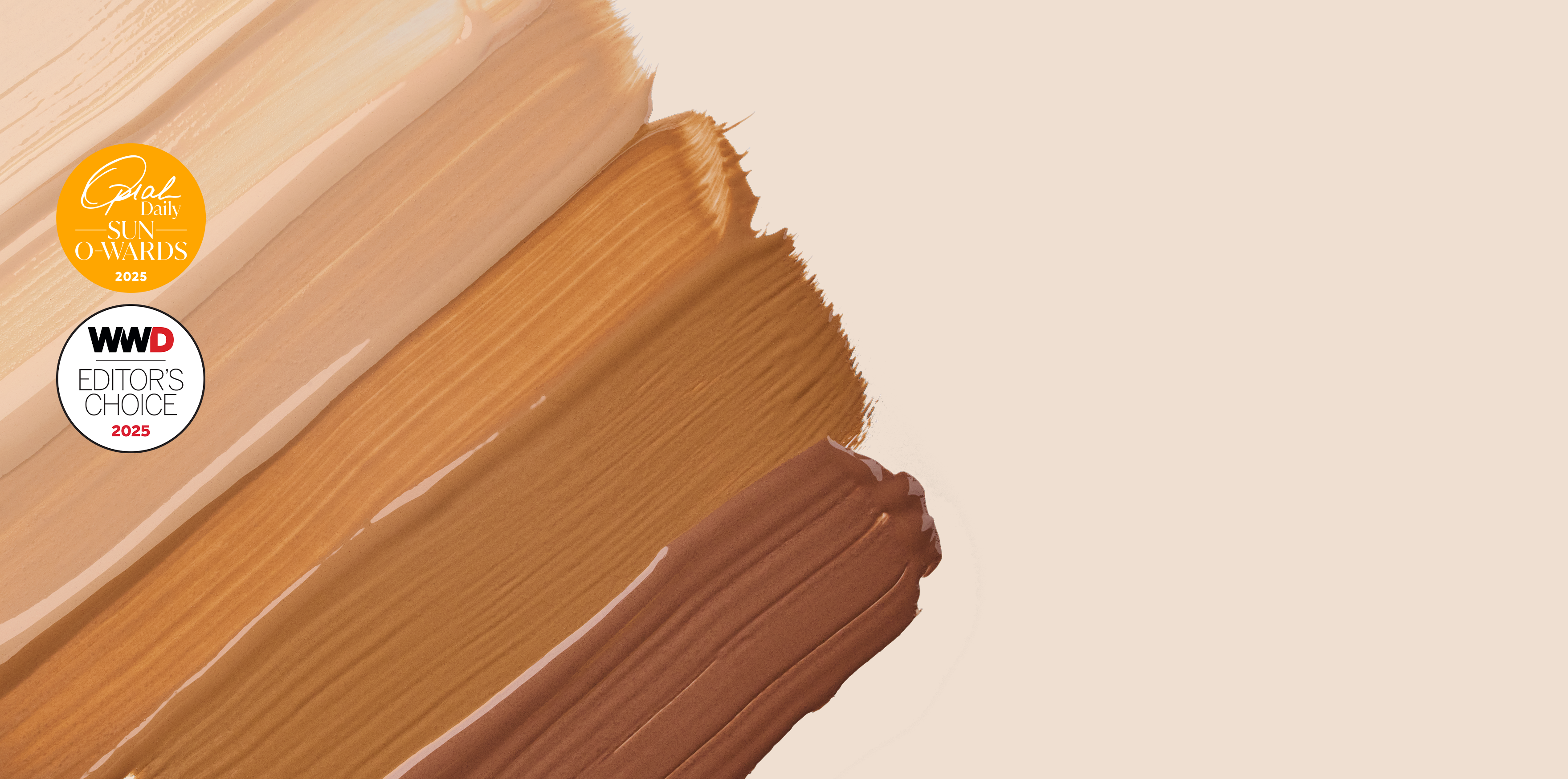 Flex liquid swatches on beige background with Oprah Daily Sun O-Wards and WWD Editor's Choice award seals